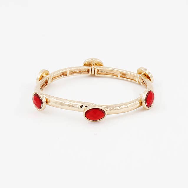 Hammered Gold Textured & Red Stone Stretch Bracelet