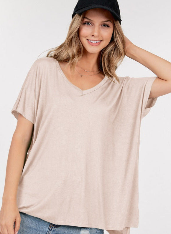 Taupe Basic V-Neck Boxy Tee