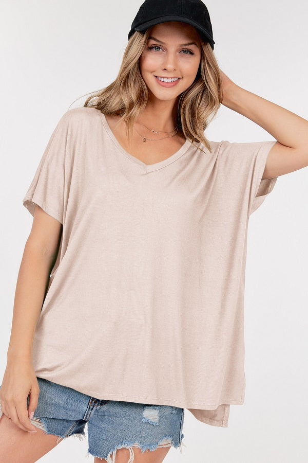 Taupe Basic V-Neck Boxy Tee