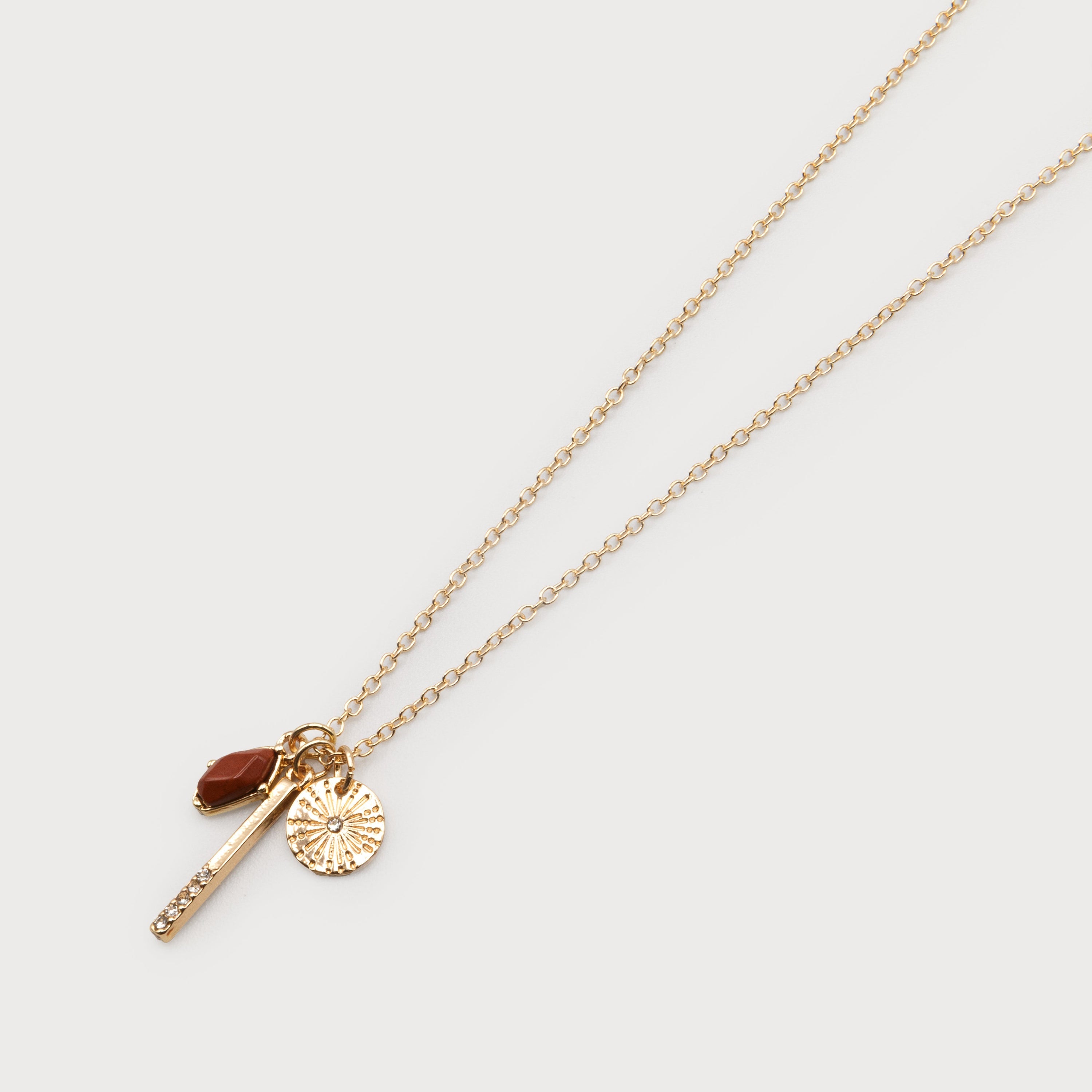 Gold & Rust Red Charm Bar Necklace