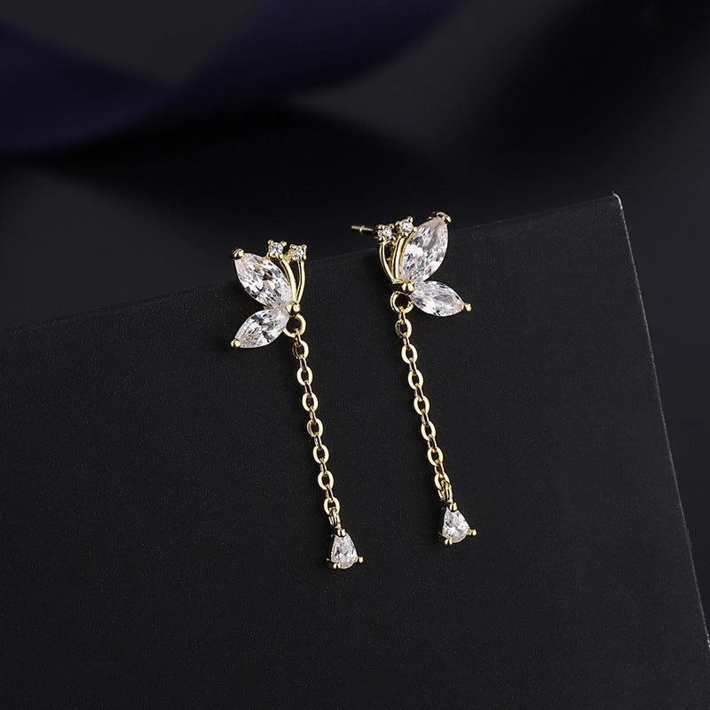 Gold Butterfly Stud Dangle Drop Earrings 925 Sterling Silver