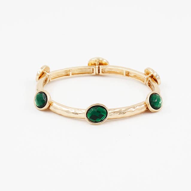 Hammered Gold Textured & Green Stone Stretch Bracelet