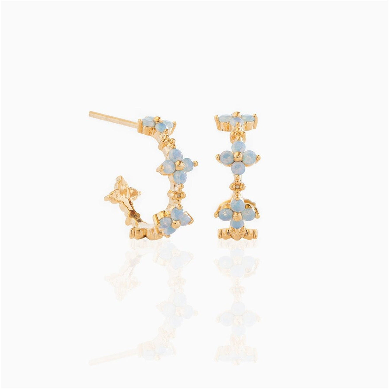 Delicate Gold Blue Flower Hoop Earrings In Solid Copper