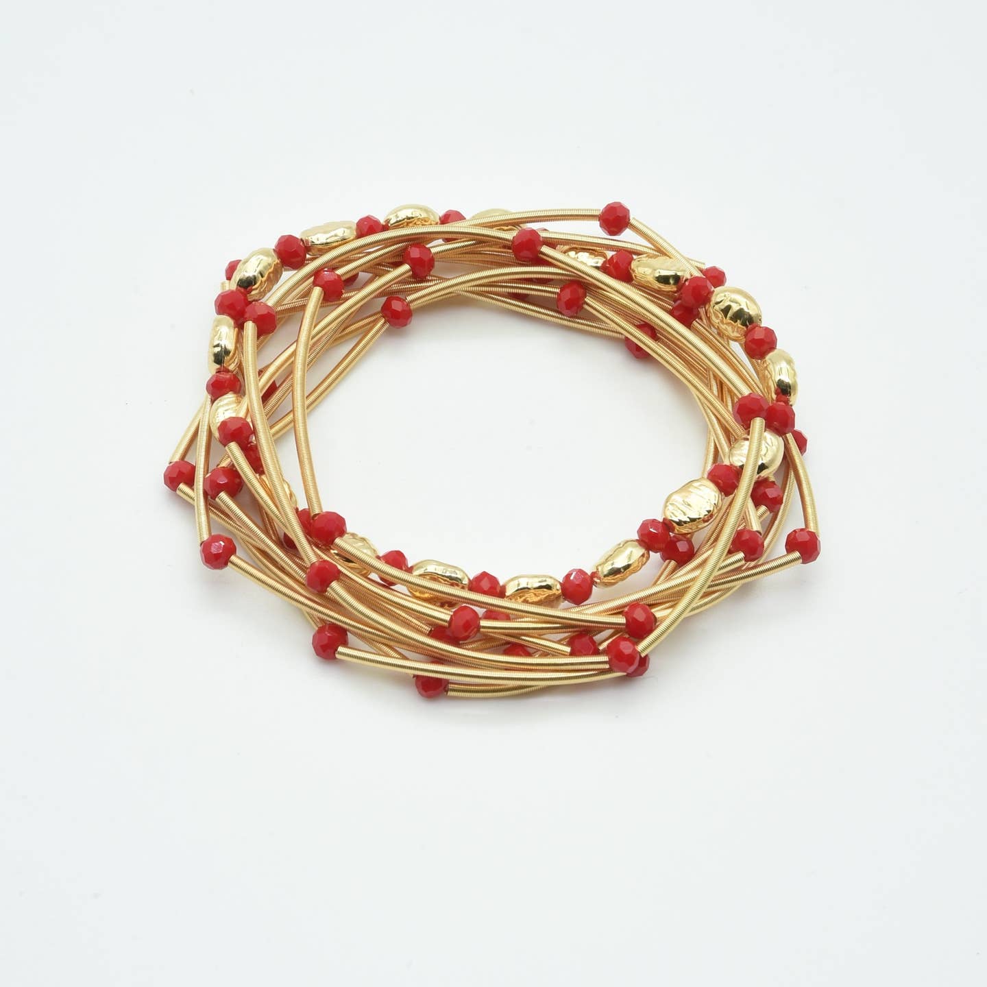 Gold Wired Stretch Bracelets w/Red Crystals Set of 10