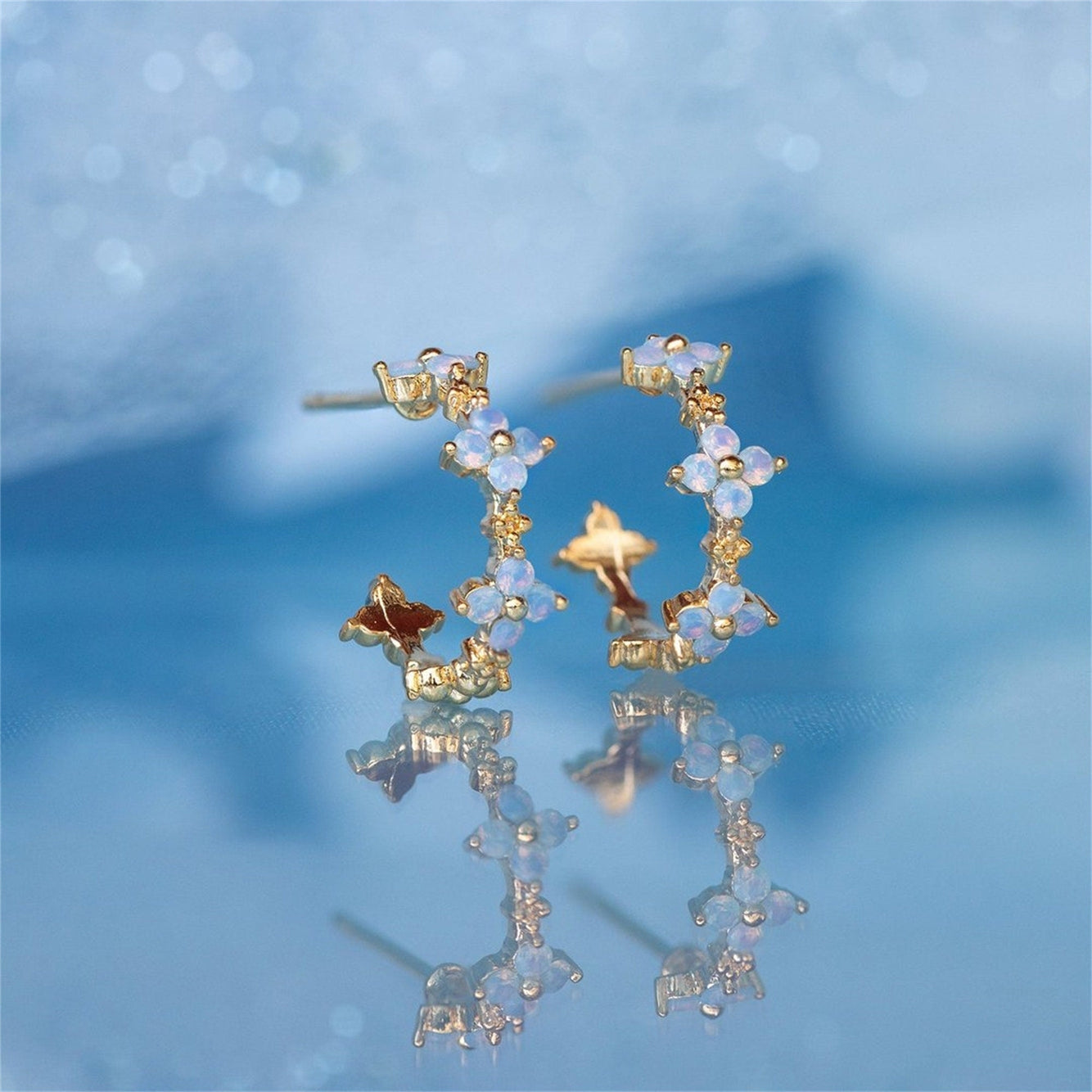 Delicate Gold Blue Flower Hoop Earrings In Solid Copper