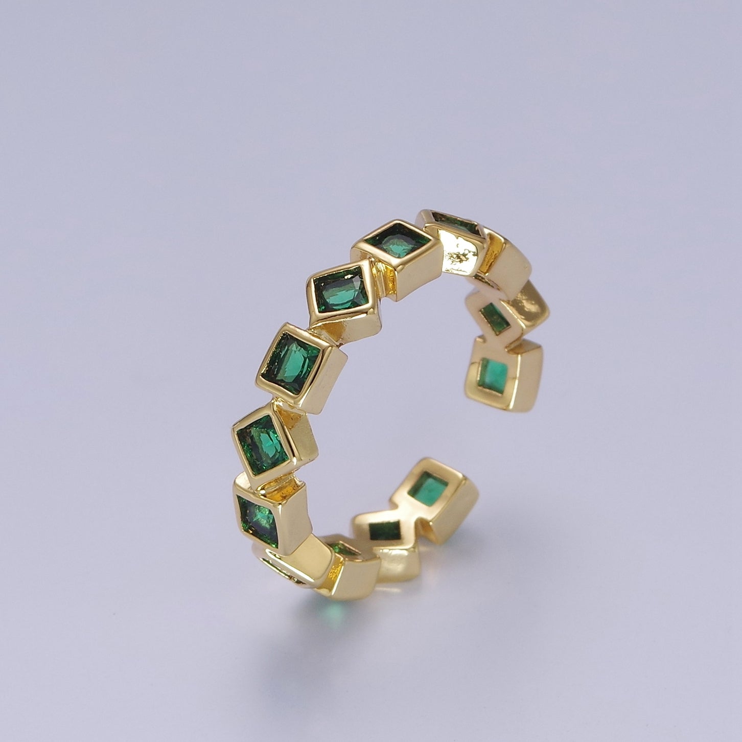 Chained Green Emerald CZ Square Open Ring