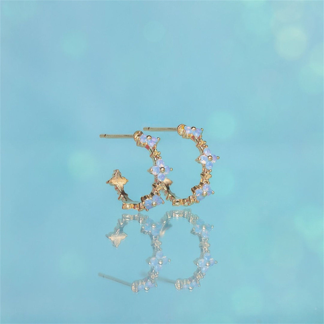 Delicate Gold Blue Flower Hoop Earrings In Solid Copper