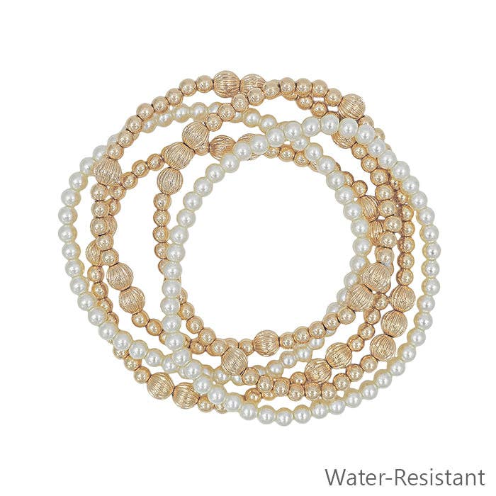 Water Resistant Gold Textured Beaded & Pearl Set of 5 Stretch Bracelets