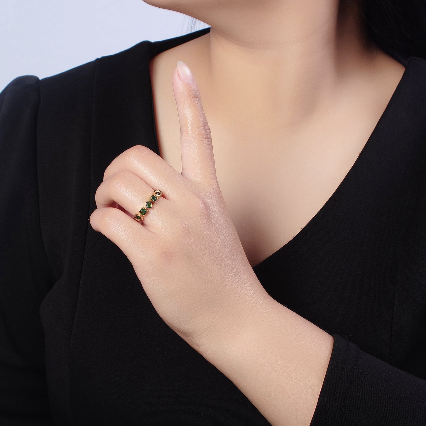 Chained Green Emerald CZ Square Open Ring