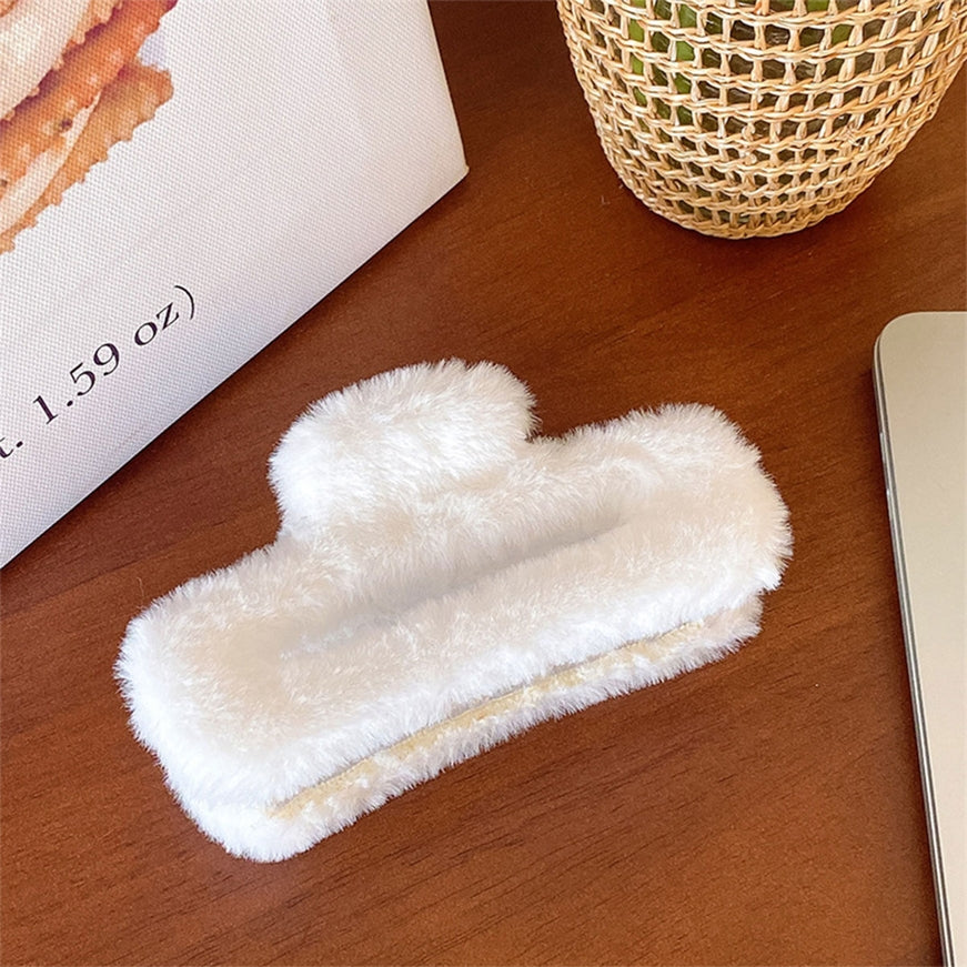 White Rectangular Fuzzy Claw Clips