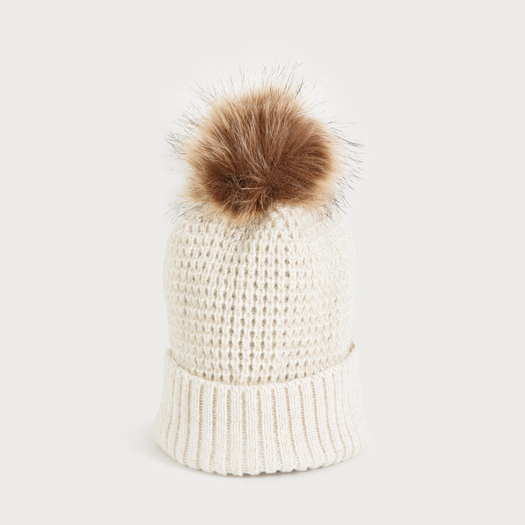 Ivory Beige Knitted Faux Pom Beanie