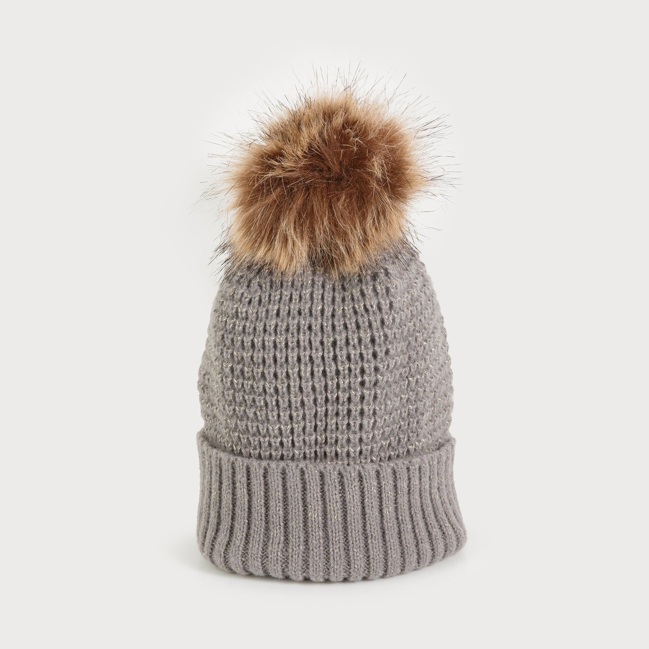 Grey Knitted Faux Pom Beanie