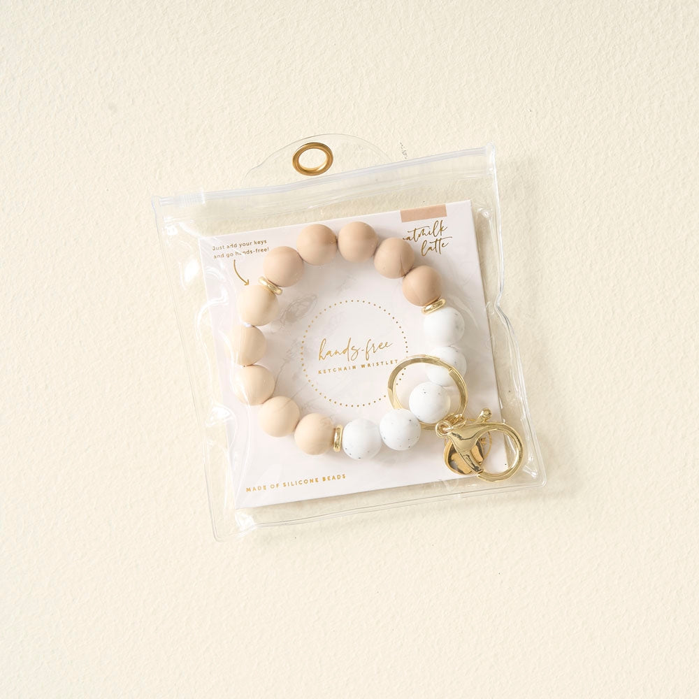 Hands-Free Silicone Beaded Keychain Wristlet - Oatmilk Latte