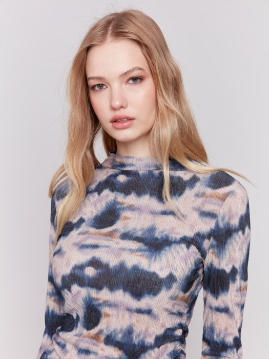 Tie Dye Mock Neck Ruched Top