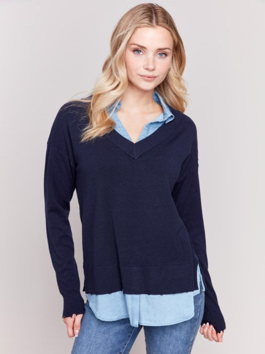 Navy V-Neck Sweater w/Round Shirt Collar