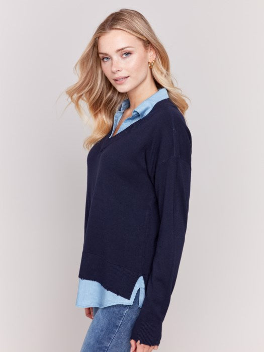 Navy V-Neck Sweater w/Round Shirt Collar