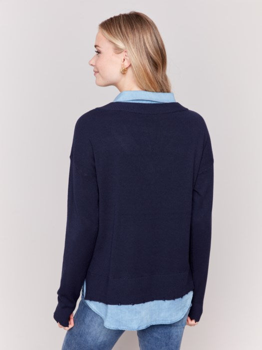 Navy V-Neck Sweater w/Round Shirt Collar