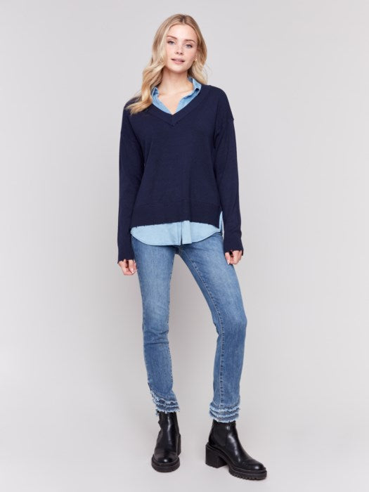 Navy V-Neck Sweater w/Round Shirt Collar