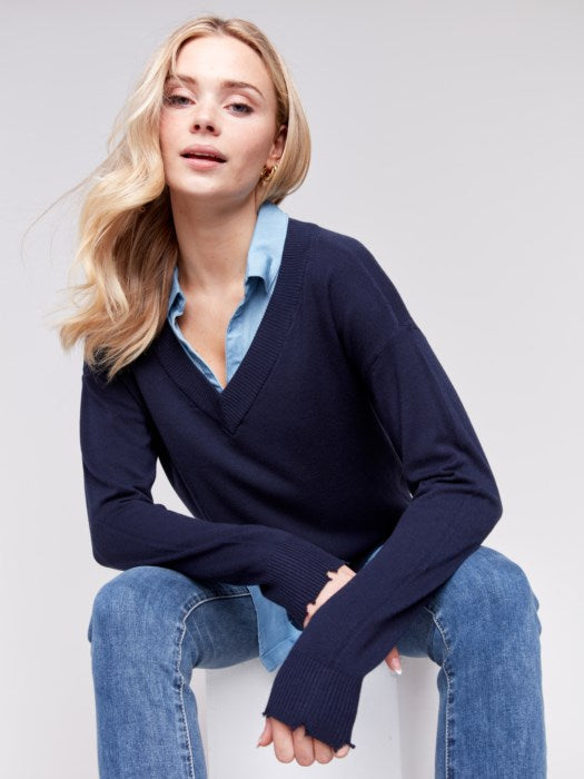 Navy V-Neck Sweater w/Round Shirt Collar