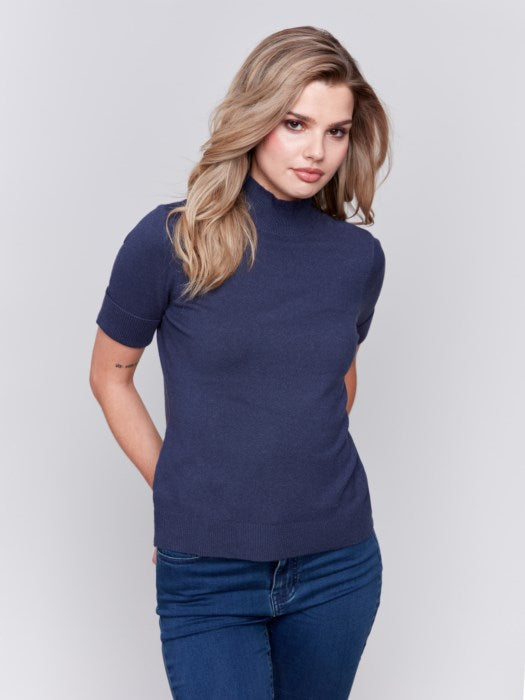 Heathered Denim Mock Neck Basic Top