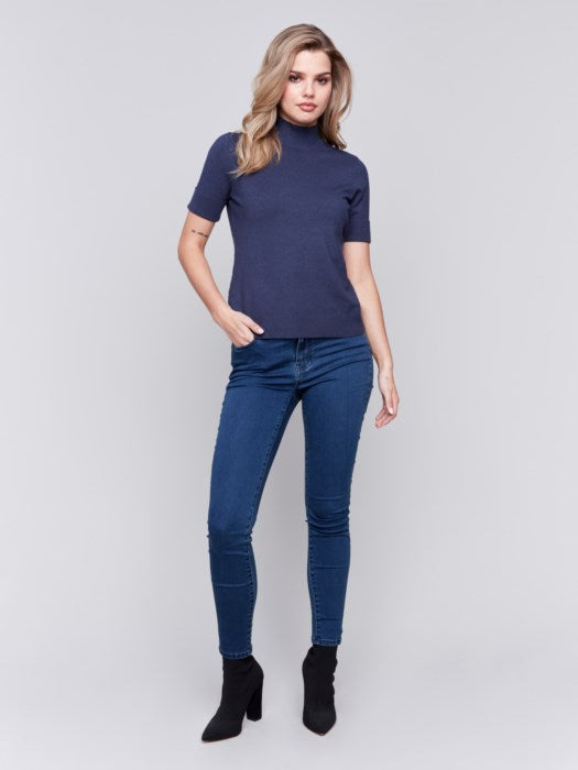 Heathered Denim Mock Neck Basic Top