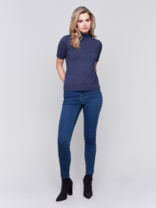 Heathered Denim Mock Neck Basic Top