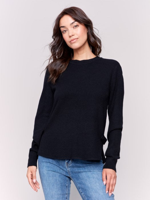 Black Round Hem Sweater w/Side Tab Button