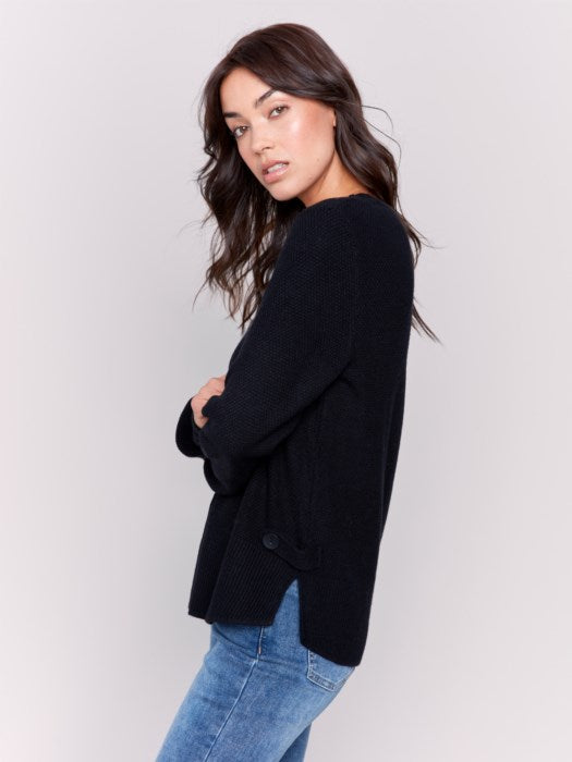 Black Round Hem Sweater w/Side Tab Button