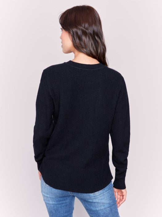 Black Round Hem Sweater w/Side Tab Button