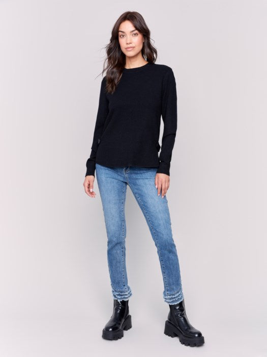 Black Round Hem Sweater w/Side Tab Button