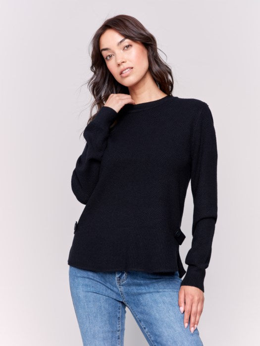 Black Round Hem Sweater w/Side Tab Button