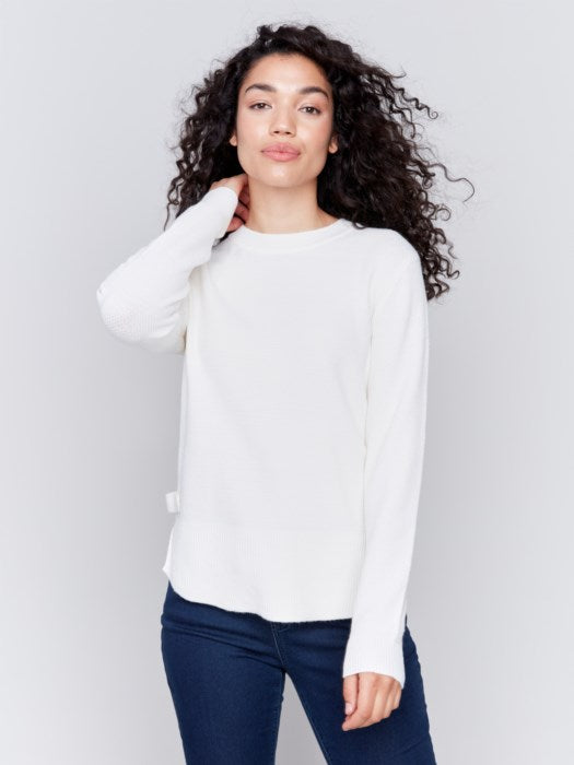 Ecru Round Hem Sweater w/Side Tab Button