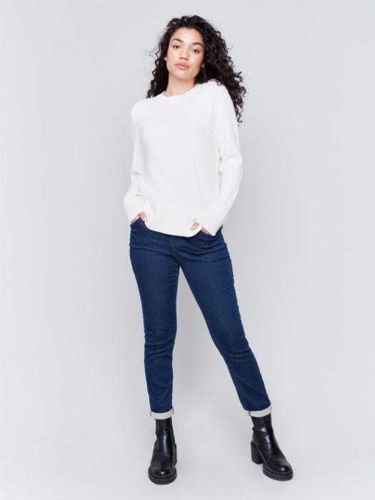 Ecru Round Hem Sweater w/Side Tab Button