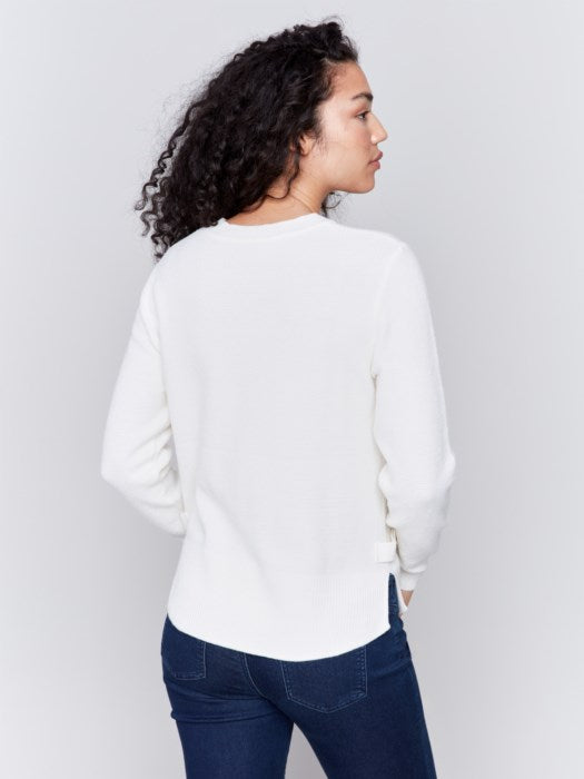 Ecru Round Hem Sweater w/Side Tab Button