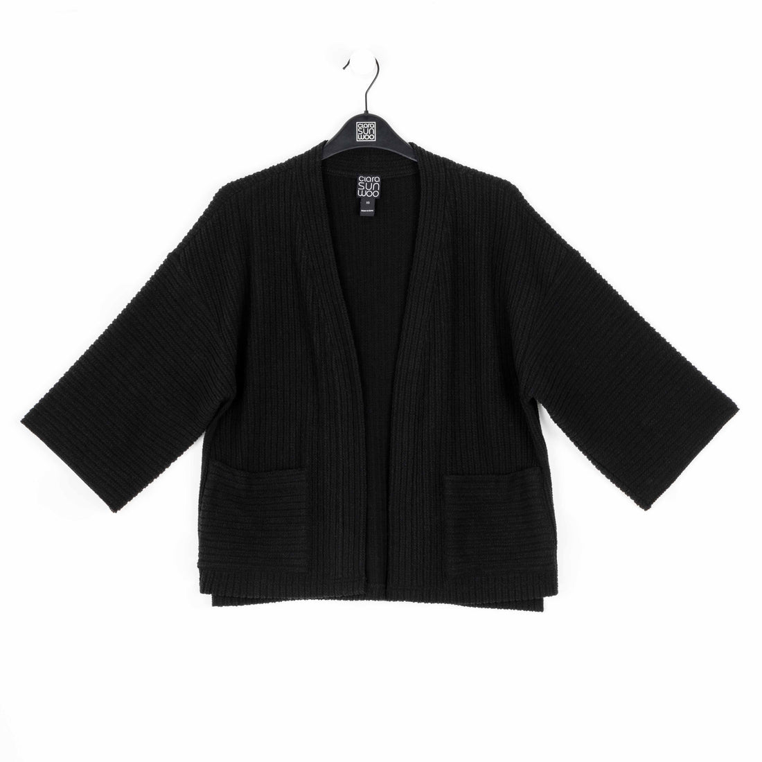 Black Chunky Ribbed - Cropped Pocket Sweater Cardigan