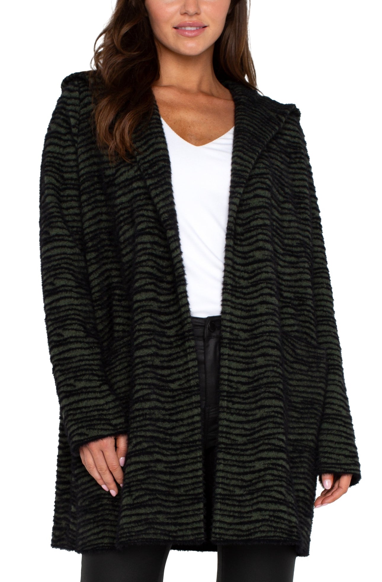 Dark Olive Stripe Longsleeve Open Front Sweater Coat