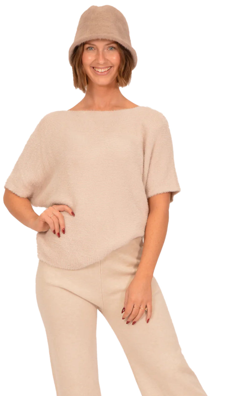 Beige Short Sleeve Fuzzy Sweater