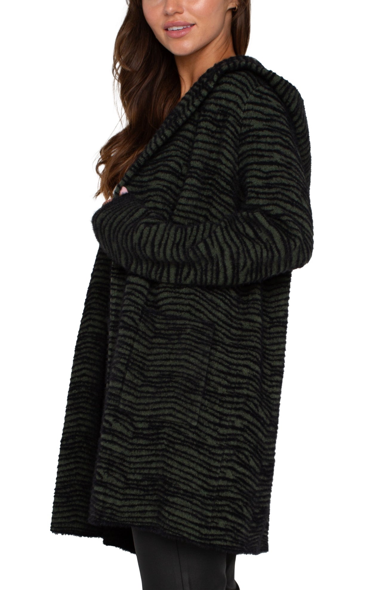 Dark Olive Stripe Longsleeve Open Front Sweater Coat