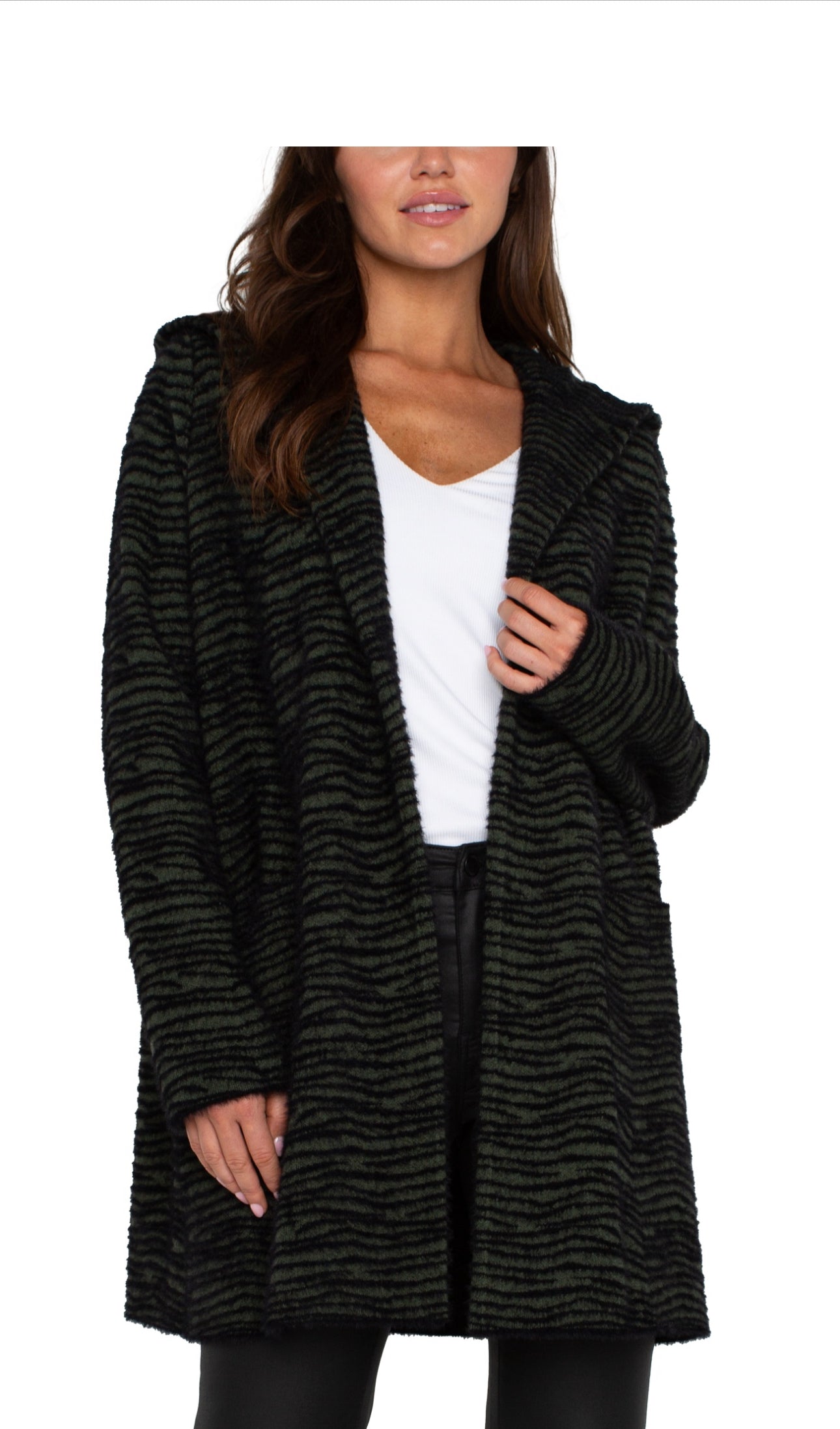 Dark Olive Stripe Longsleeve Open Front Sweater Coat