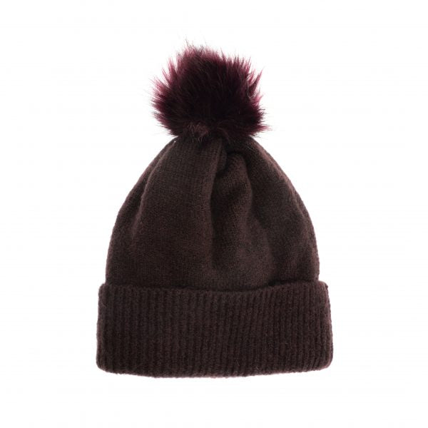 Aubergine Fine Rib Knit Pom Pom Hat