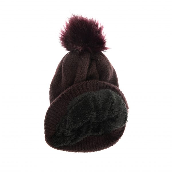 Aubergine Fine Rib Knit Pom Pom Hat