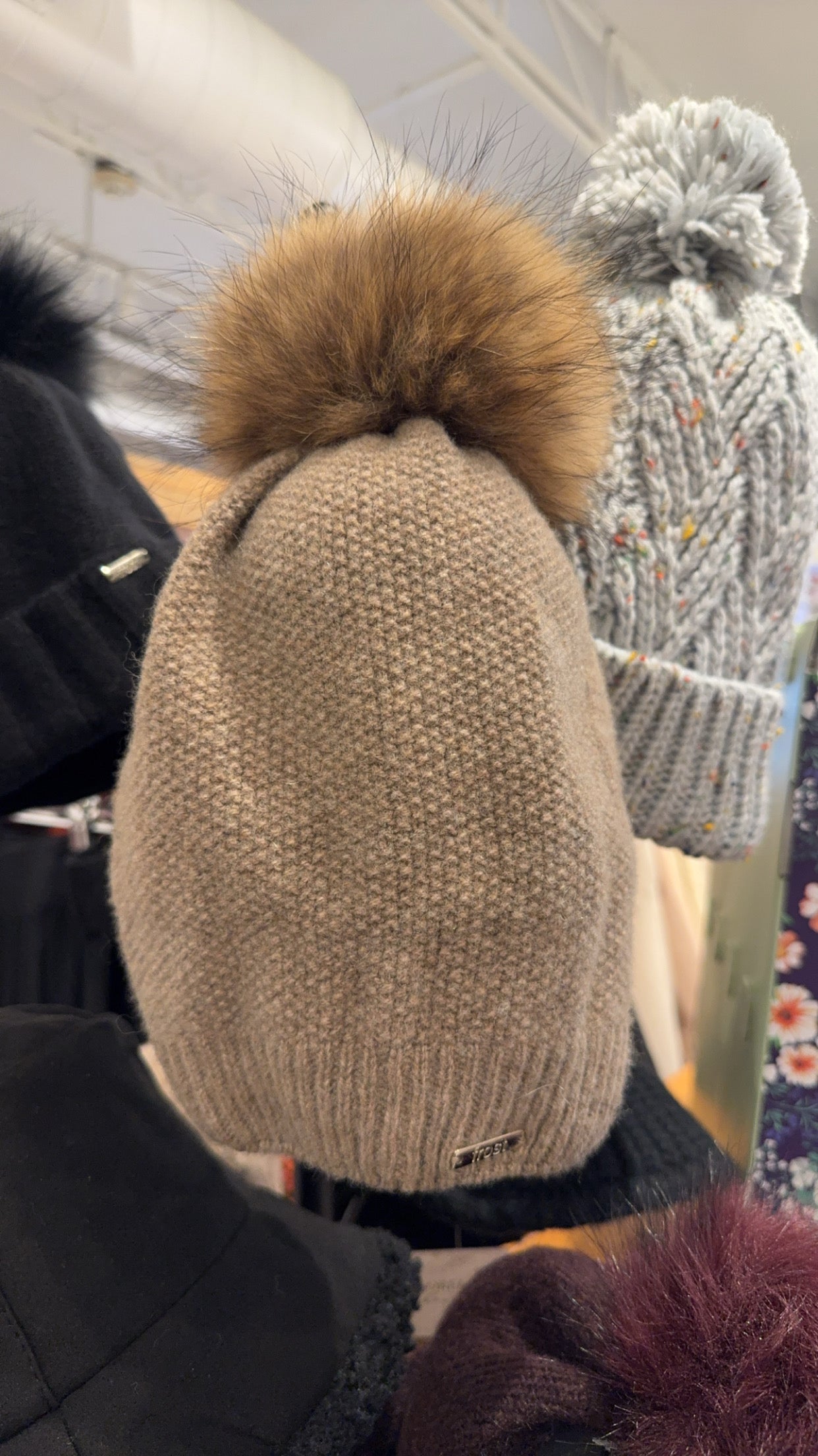 Brown Chic Cashmere Hat w/Genuine Raccoon Fur Pom