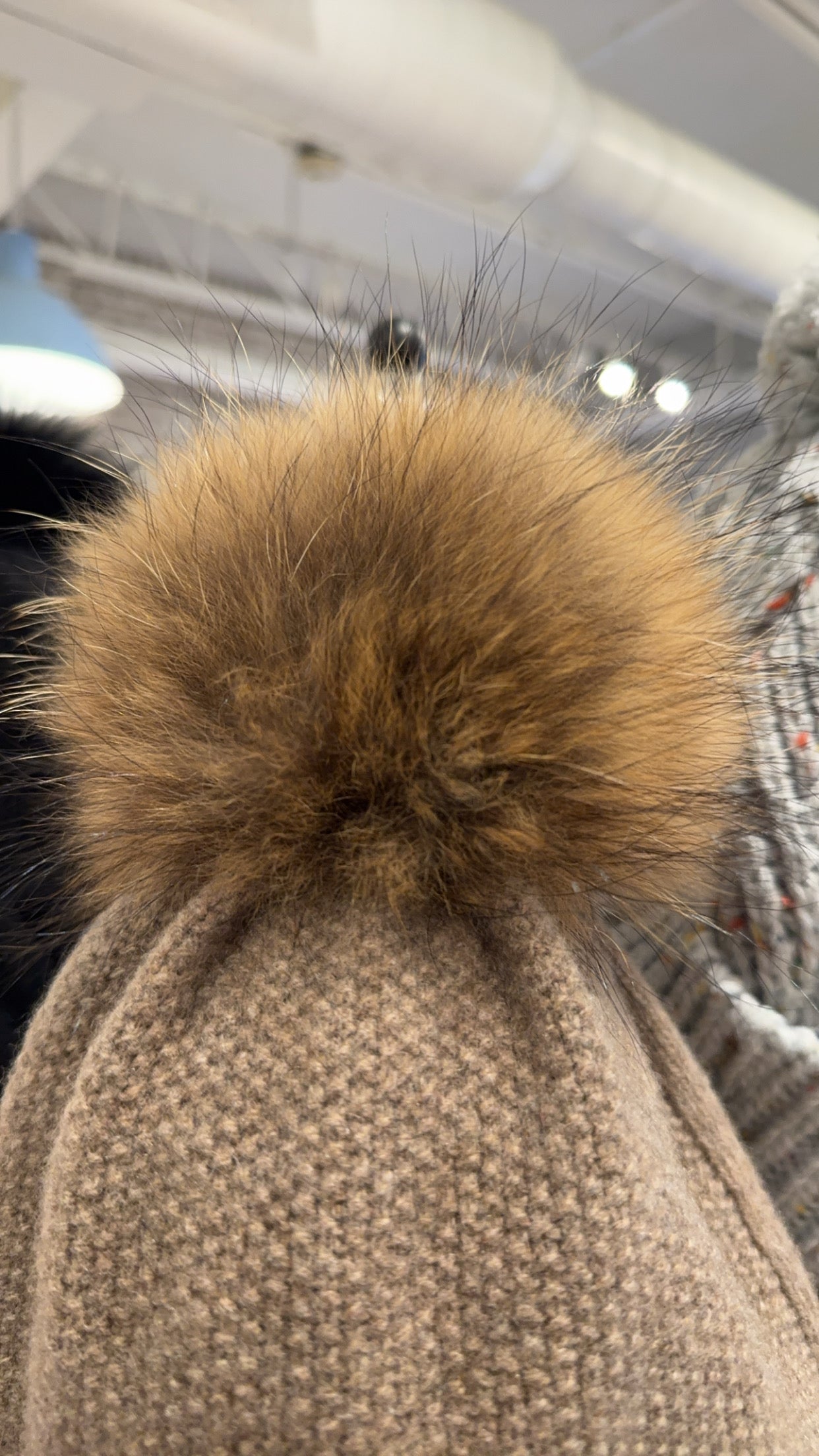 Brown Chic Cashmere Hat w/Genuine Raccoon Fur Pom