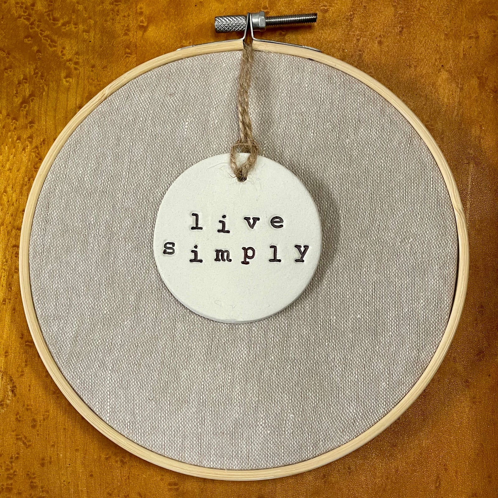 Live Simply 6" Hoop -Flax Linen Fabric & Circle Ornament