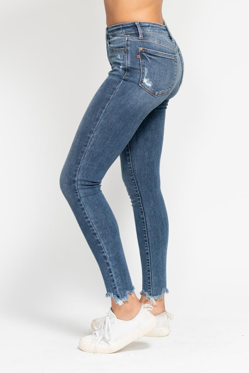 High Waist Skinny Jean w/Shark Bit Hem