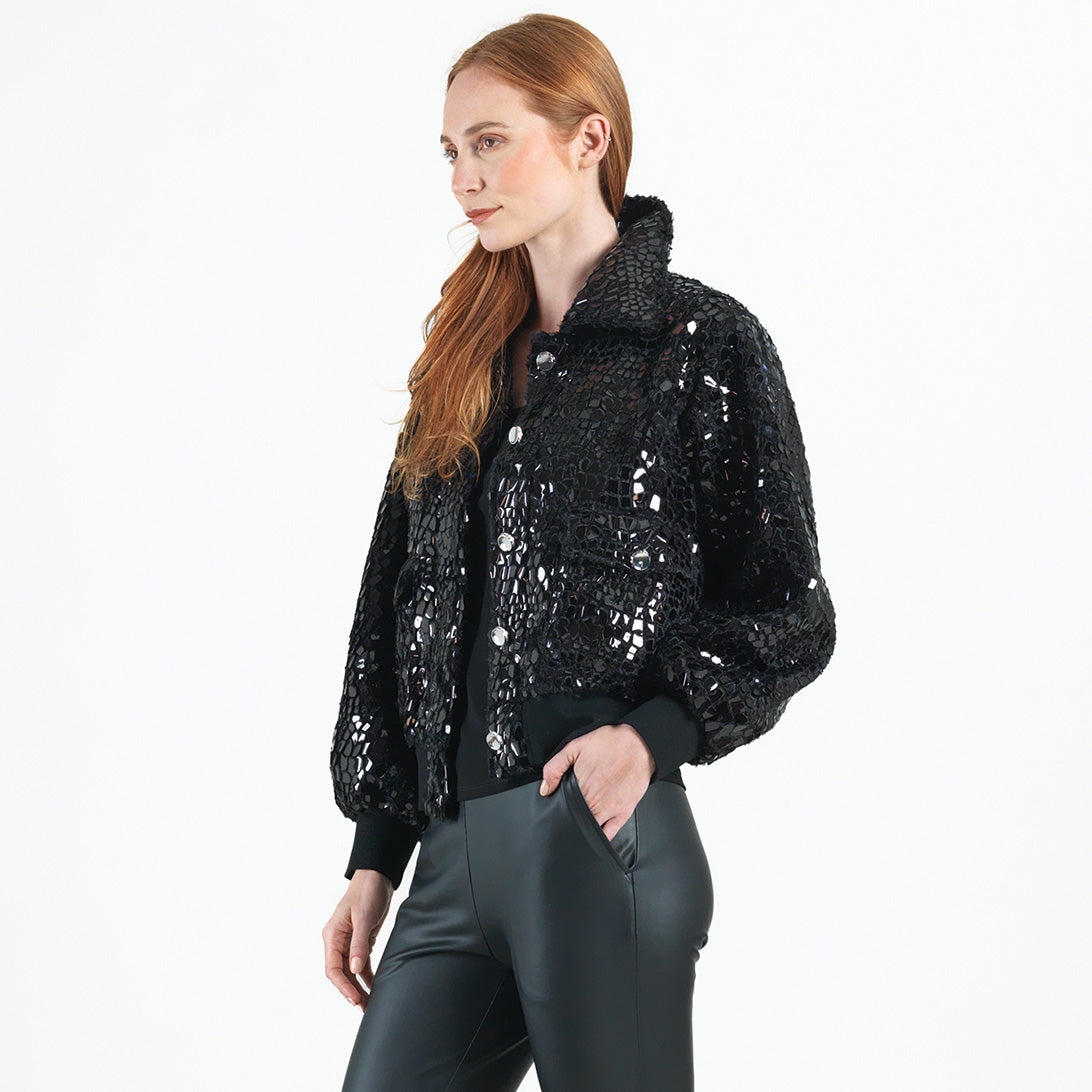 Crushed Faux Fur Shimmer Embellished Bomber Jacket - Black - Limited Edition!