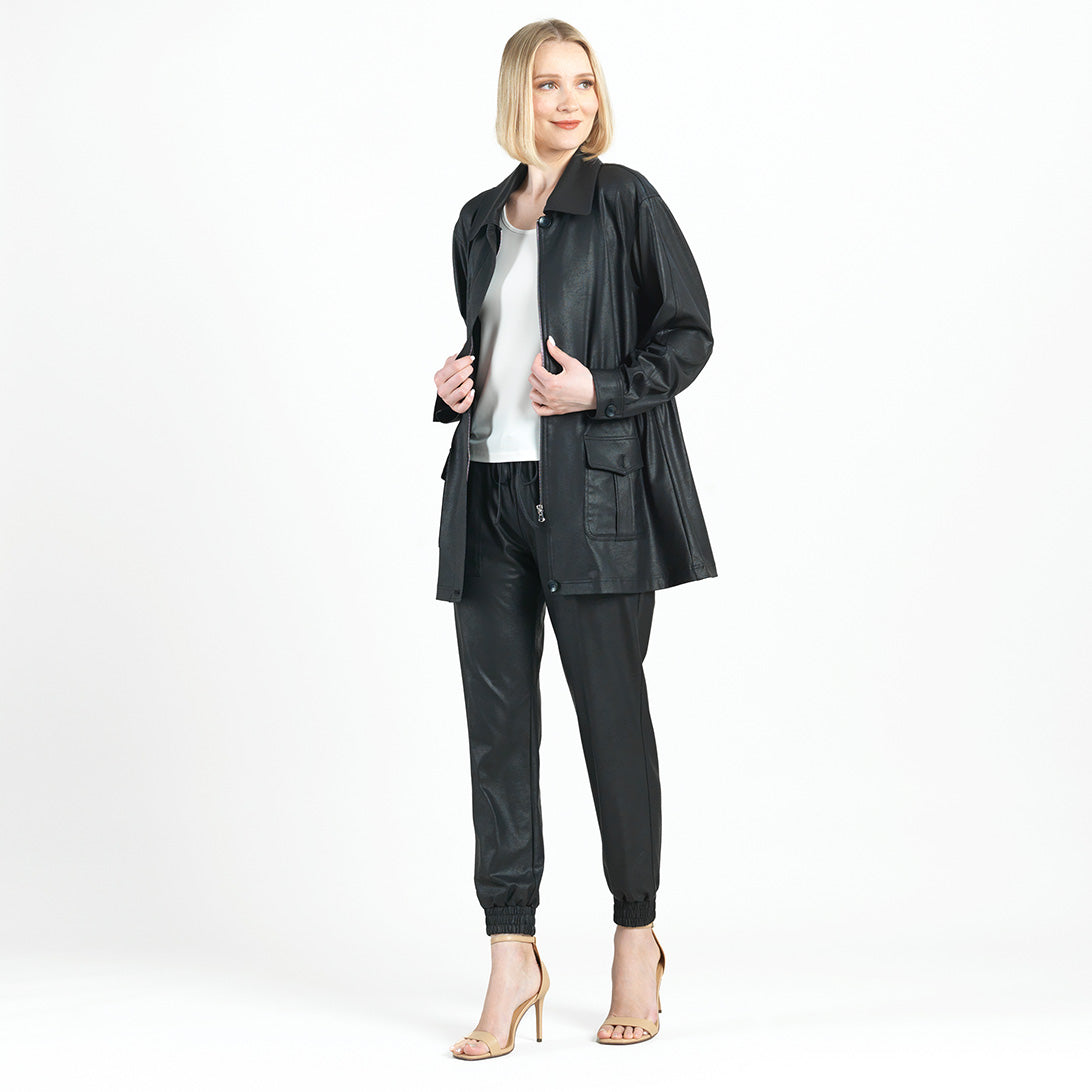 Black Liquid Leather Utility Jacket w/ Drawstring Waist