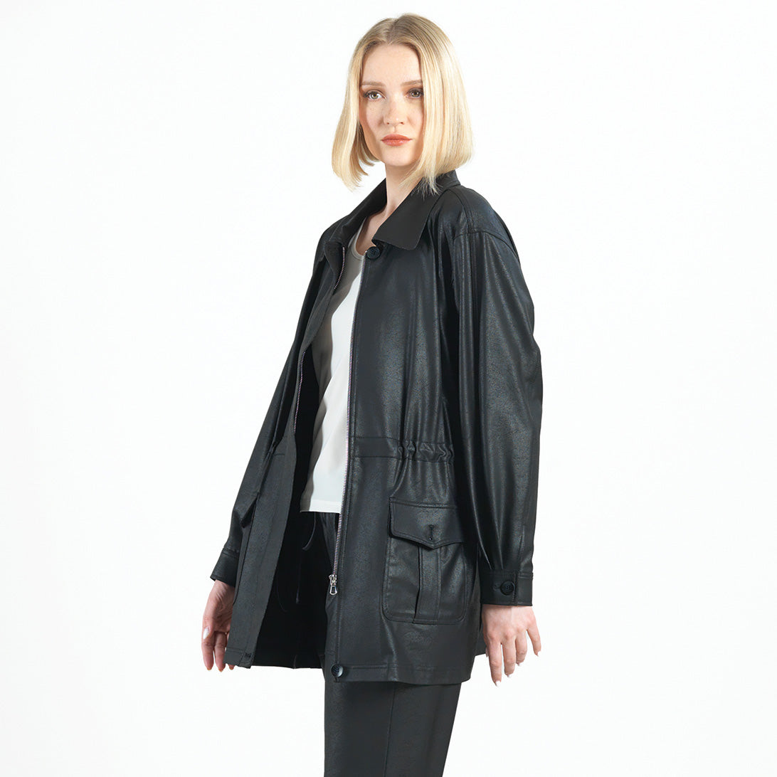 Black Liquid Leather Utility Jacket w/ Drawstring Waist