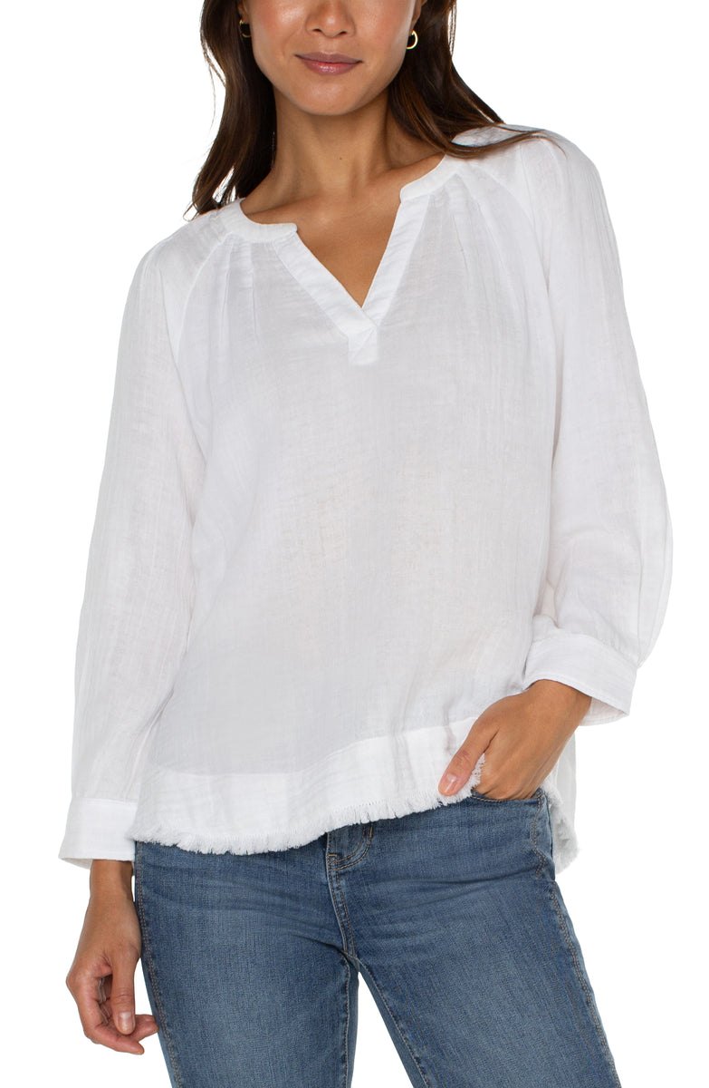 3/4 Sleeve Raglan Top w/Pleats & Fray Hem