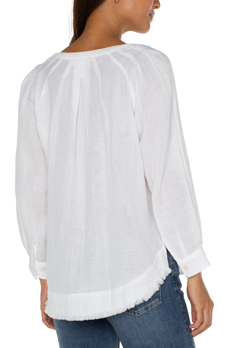 3/4 Sleeve Raglan Top w/Pleats & Fray Hem